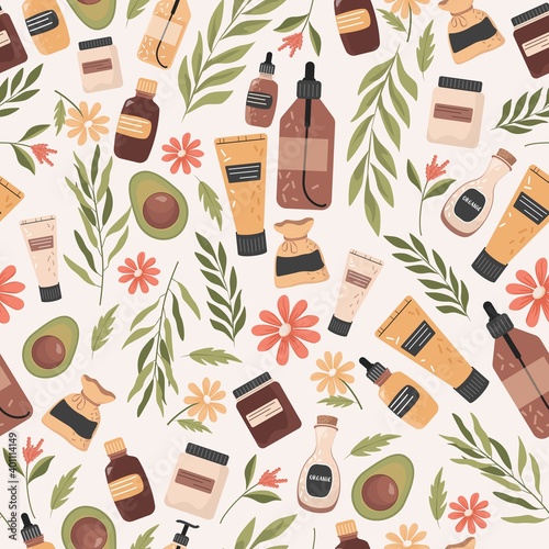 Organic cosmetics vector flat seamless pattern. Bottles, jars and bags with fresh natural cosmetics, herbs, avocado oil, flowers. Beauty and spa, herbal aromatherapy background design.