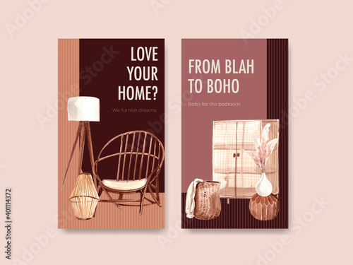 Instagram template with boho furniture concept design for social media and online marketing watercolor vector illustration