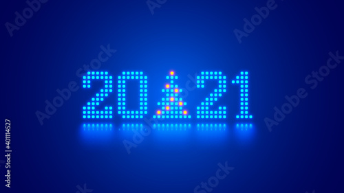 New Year digits 2021 and Christmas tree in tech style. 20 21 consist of neon dots or pixels on blue background. 2021 New Year card digital technological industry. Xmas computer holiday banner.
