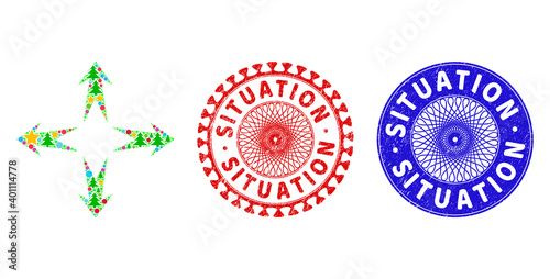 Foto Expand arrows mosaic of New Year symbols, such as stars, fir trees, color circles, and SITUATION grunge watermarks