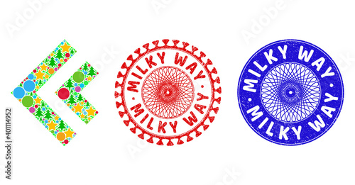 Shift left collage of New Year symbols, such as stars, fir trees, color circles, and MILKY WAY corroded stamp seals. Vector MILKY WAY stamp seals uses guilloche ornament,