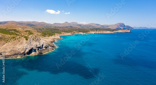 An aerial panorama of Mallorca island and Punta des Boc near Cala Mesquida