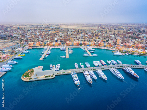 An aerial view on Hurghada town port located on the Red Sea coast in Egypt.