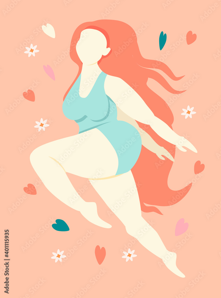 cute vector hand drawn illustration on the theme of feminism, body positivity, self-acceptance - a happy girl with pink hair runs. flat illustration for websites, applications, magazines