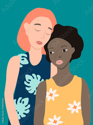 vector hand drawn illustration - two girls of different races, girlfriends hug each other. female friendship, support. Flat illustration for websites, magazines, applications