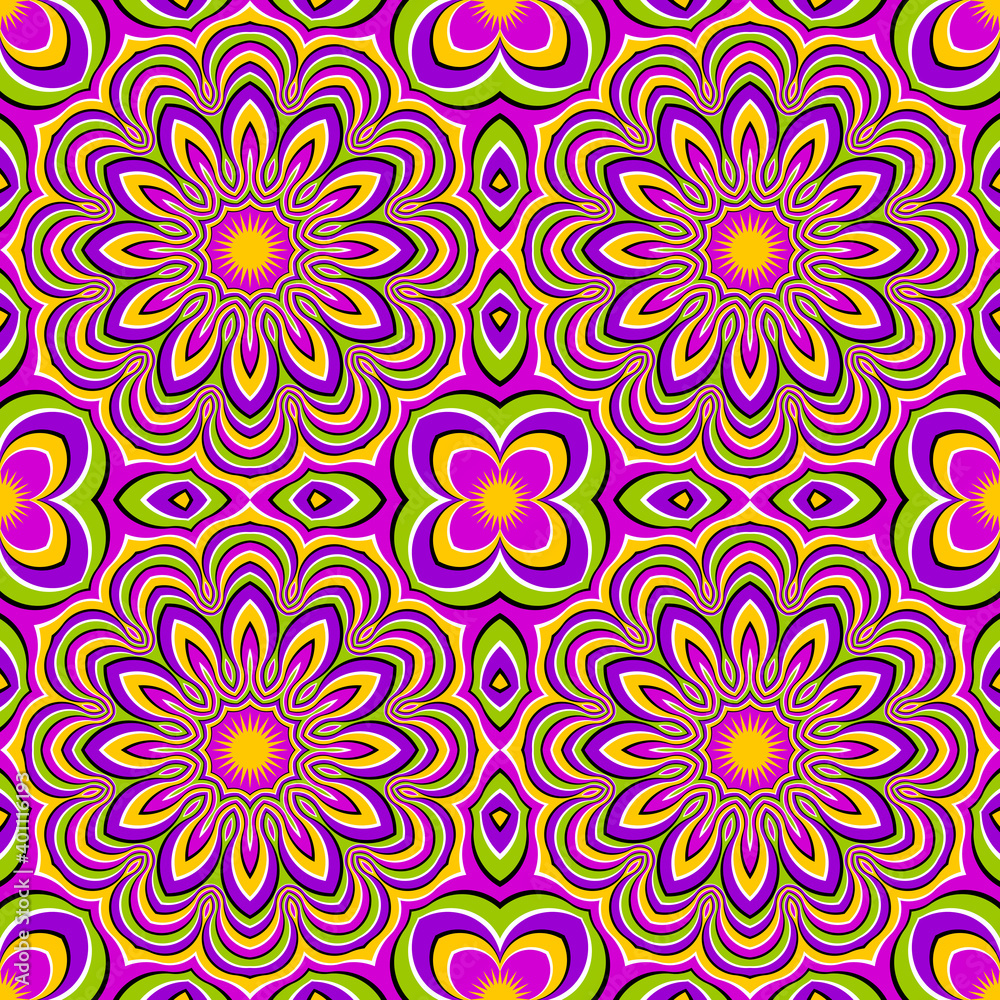 Colorful wrapping paper with flowers. Motion illusion. Seamless pattern. Colorful wrapping paper with flowers. Motion illusion. Seamless pattern.