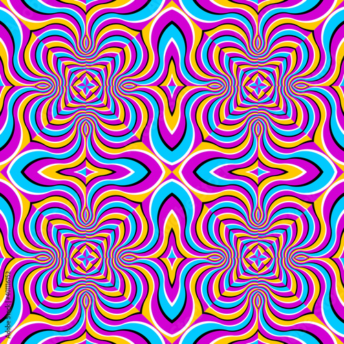 Colorful wrapping paper with four-pointed stars. Spin illusion. Seamless pattern.