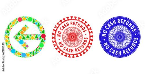 Direction left mosaic of Christmas symbols, such as stars, fir-trees, colored spheres, and NO CASH REFUNDS rubber stamps. Vector NO CASH REFUNDS seals uses guilloche pattern,