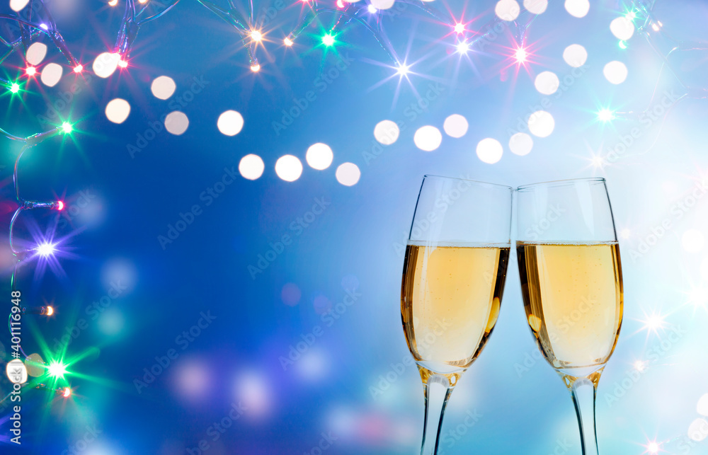 Two glasses of champagne in new year fireworks Two glasses of champagne in new year fireworks