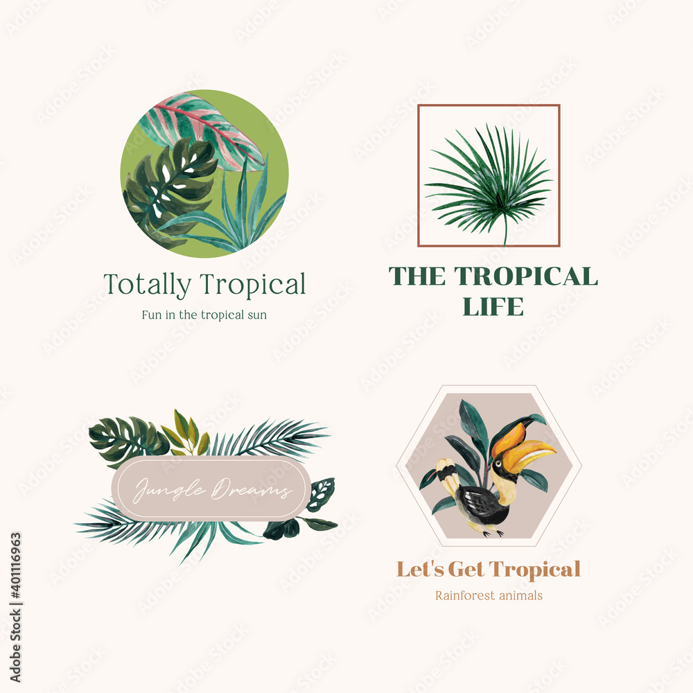 Logo design with tropical contemporary concept for branding and marketing watercolor vector illustration