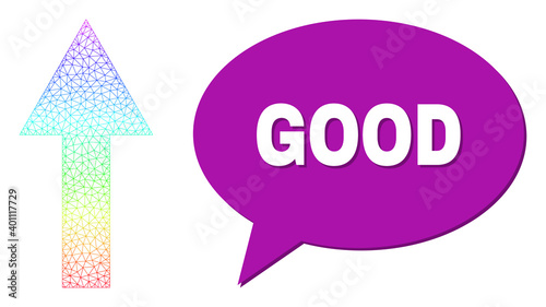 Good and arrow up vector. Spectrum colored network arrow up, and chat Good cloud frame. Conversation colored Good cloud has shadow. Vector wireframe created from arrow up icon with triangular net.