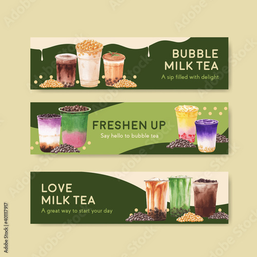 Banner template with bubble milk tea concept design for advertise and commercial watercolor vector illustration