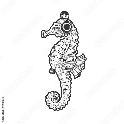 Seahorse with headphones sketch engraving vector illustration. T-shirt apparel print design. Scratch board imitation. Black and white hand drawn image.