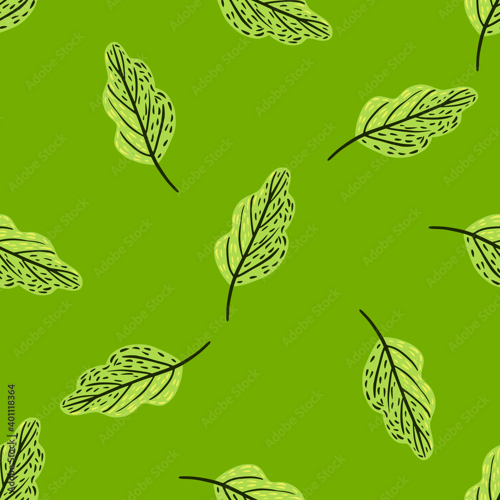 Seamless pattern with botanic decorative oak leaf ornament. Green bright background.