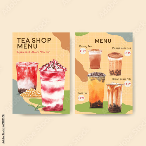 Menu template with bubble milk tea concept design for restaurant and cafe shop watercolor vector illustration