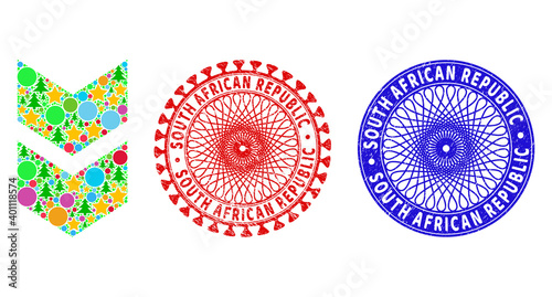 Shift down collage of New Year symbols, such as stars, fir-trees, color spheres, and SOUTH AFRICAN REPUBLIC scratched stamp seals. Vector SOUTH AFRICAN REPUBLIC stamp seals uses guilloche ornament,