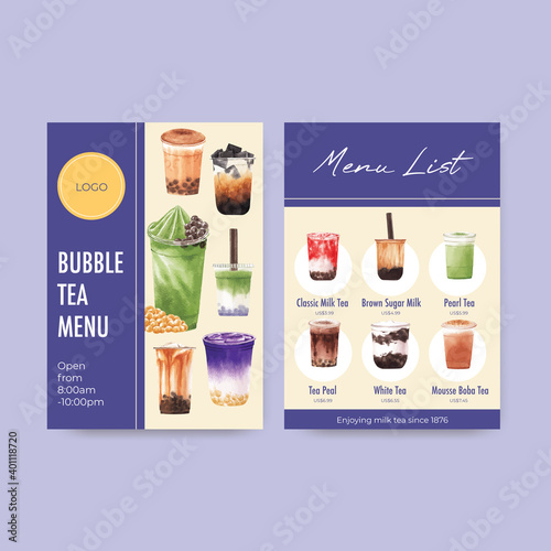 Menu template with bubble milk tea concept design for restaurant and cafe shop watercolor vector illustration