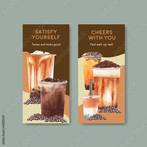 Flyer template with bubble milk tea concept design for brochure and leaflet watercolor vector illustration