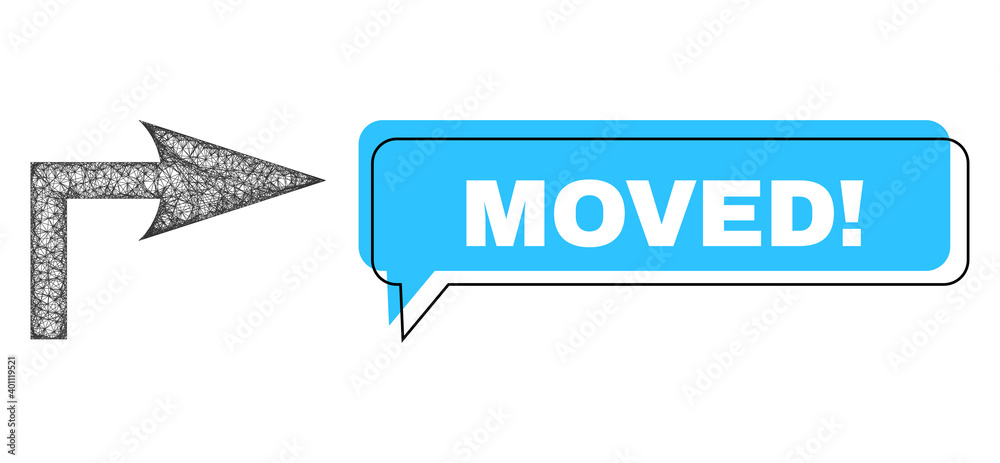 Speech Moved! blue cloud message and crossing mesh turn right. Frame and colored area are shifted to Moved! phrase, which is located inside blue colored cloud. Speech Moved! blue cloud message and crossing mesh turn right. Frame and colored area are shifted to Moved! phrase, which is located inside blue colored cloud.