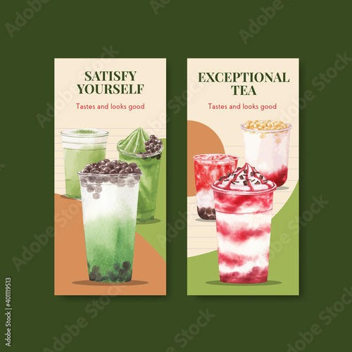 Flyer template with bubble milk tea concept design for brochure and leaflet watercolor vector illustration