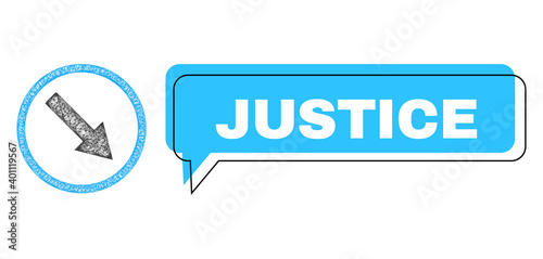 Chat Justice blue cloud frame and wire frame down-right rounded arrow. Frame and colored area are shifted to Justice caption, which is located inside blue colored banner.