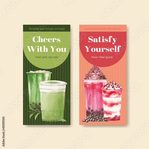 Flyer template with bubble milk tea concept design for brochure and leaflet watercolor vector illustration