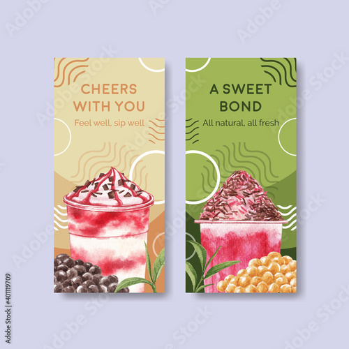 Flyer template with bubble milk tea concept design for brochure and leaflet watercolor vector illustration