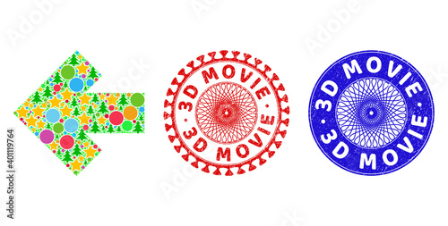 Arrow left collage of New Year symbols, such as stars, fir trees, colored spheres, and 3D MOVIE rough stamp prints. Vector 3D MOVIE stamp seals uses guilloche ornament,
