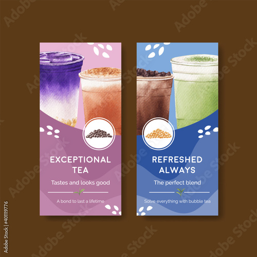 Flyer template with bubble milk tea concept design for brochure and leaflet watercolor vector illustration