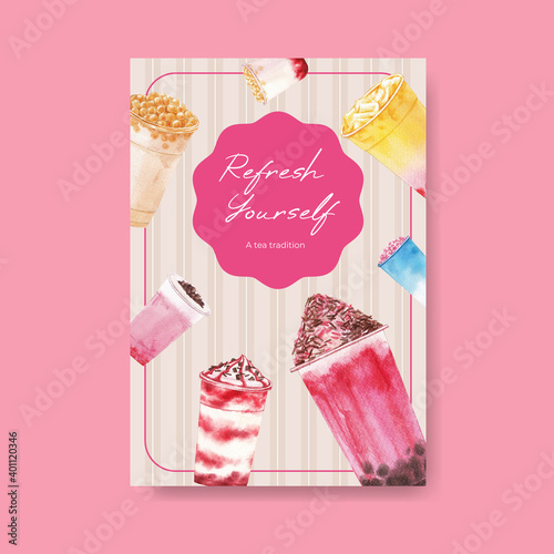 Poster template with bubble milk tea concept design for advertise and marketing watercolor vector illustration