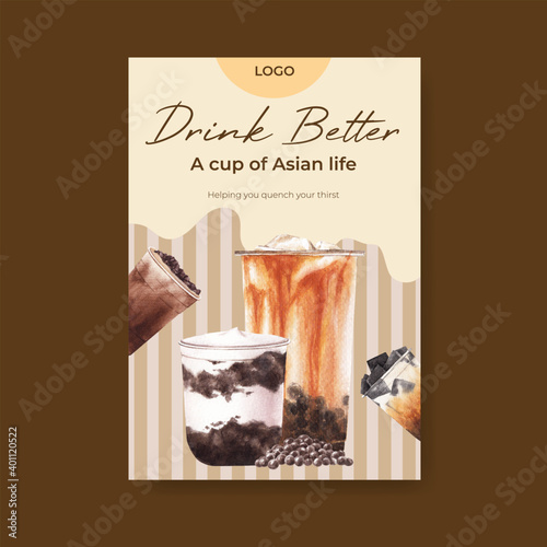 Poster template with bubble milk tea concept design for advertise and marketing watercolor vector illustration
