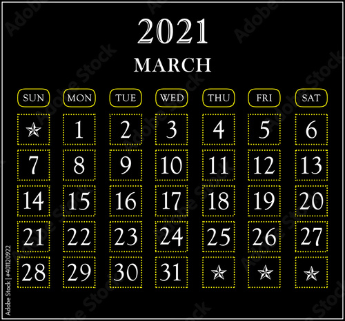 Month March  year 2021 calendar