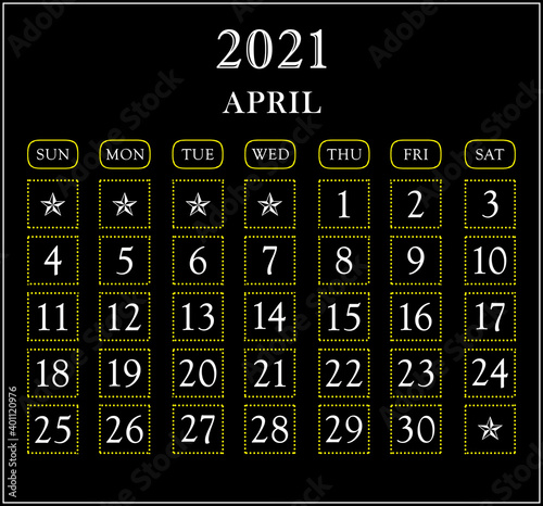 Month April  year 2021 calendar