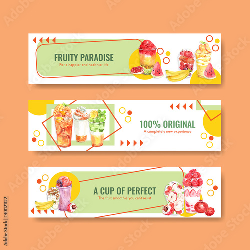 Banner template with fruits smoothies concept design for advertise and marketing watercolor vector illustration