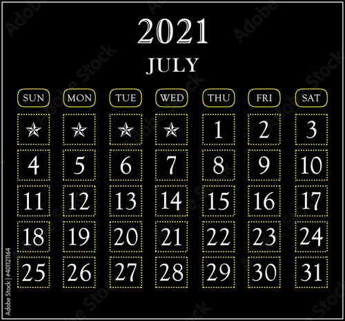 Month  July  year 2021 calendar