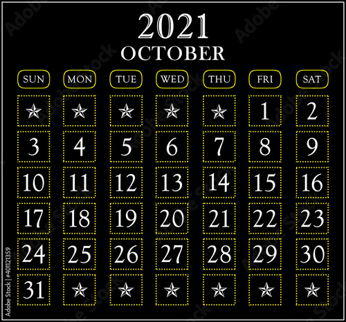 Month October year 2021 calendar