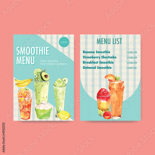 Menu template with fruits smoothies concept design for bistro and restaurant watercolor vector illustration