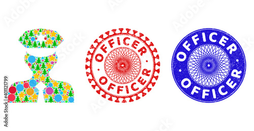 Police officer composition of Christmas symbols, such as stars, fir-trees, multicolored round items, and OFFICER unclean stamps. Vector OFFICER stamps uses guilloche ornament,
