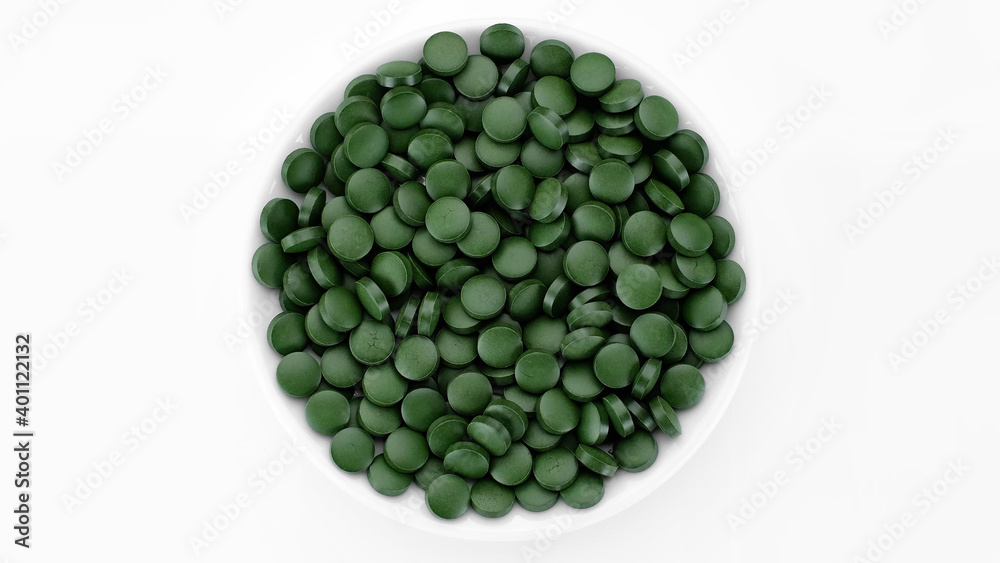 superfoods Spirulina, chlorella supplement green pills top view