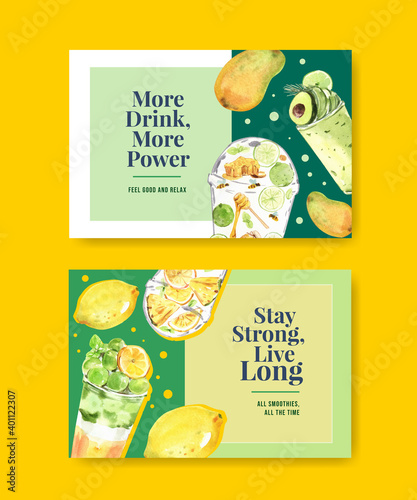 Facebook template with fruits smoothies concept design for soccial media and community watercolor vector illustration