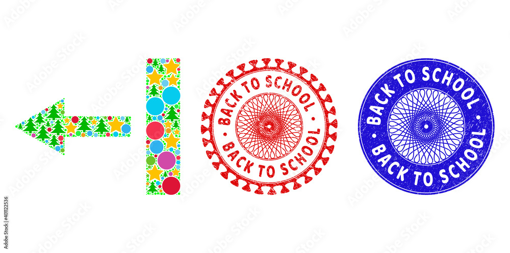 Pull left mosaic of New Year symbols, such as stars, fir-trees, color round items, and BACK TO SCHOOL unclean stamp seals. Vector BACK TO SCHOOL seals uses guilloche pattern, Pull left mosaic of New Year symbols, such as stars, fir-trees, color round items, and BACK TO SCHOOL unclean stamp seals. Vector BACK TO SCHOOL seals uses guilloche pattern,