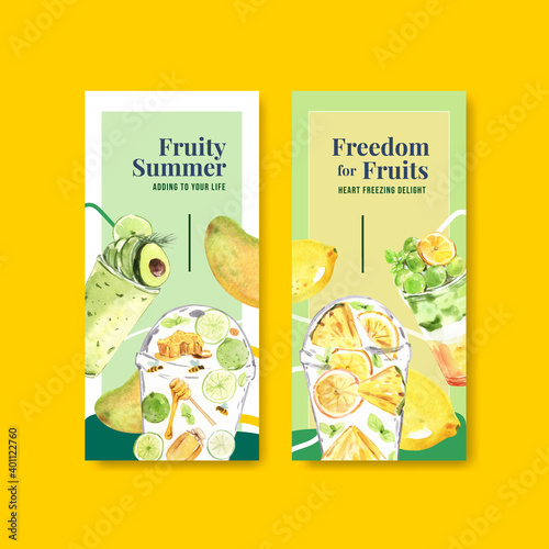 Flyer template with fruits smoothies concept design for brochure and leaflet watercolor vector illustration