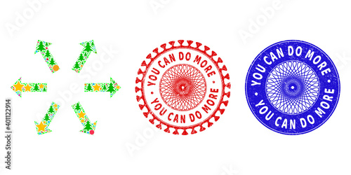 Radial arrows composition of New Year symbols, such as stars, fir-trees, multicolored spheres, and YOU CAN DO MORE corroded stamp prints. Vector YOU CAN DO MORE stamp seals uses guilloche pattern,