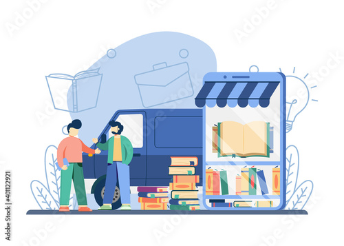 Digital bookstore concept.man purchase book online. book delivery with truck. online library, online shopping, book online, book festival, e-books archive. Vector illustration