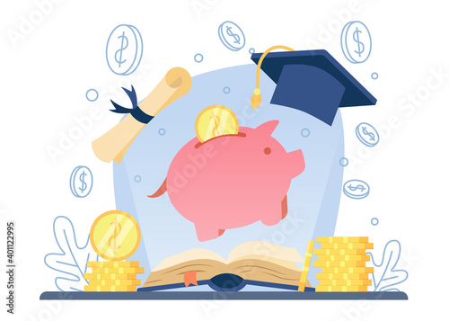 Investment in education. open book give off light with graduation caps,graduation rolls and piggy bank.investment in knowledge,scholarships.money,savings for study. vector illustration for web banner
