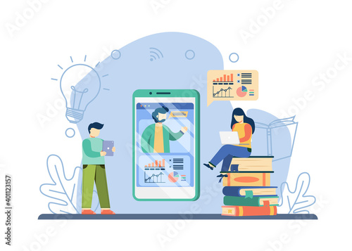 Online Courses concept. men and women watching courses from screens online. online education, E-Learning, online classroom, distance education, Web courses or tutorials concept. vector illustration