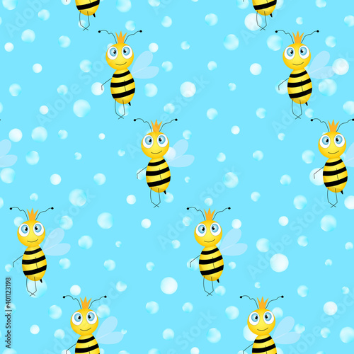 Seamless pattern with bees on blue polka dots background. Adorable cartoon wasp character. Template design for invitation, cards, textile, fabric. Flat style. Vector stock illustration.