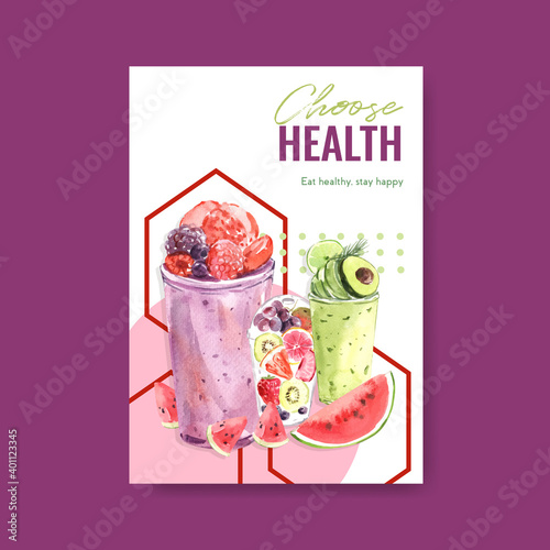 Poster template with fruits smoothies concept design for advertise and commercial watercolor vector illustration