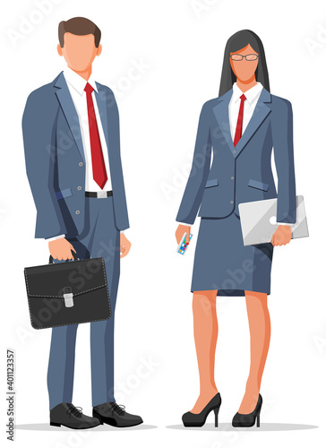 Businesswoman and businesswoman in grey suit isolated on white. Business woman with laptop, man with briefcase. Office employee or worker, manager, sales, bank clerk. Flat cartoon vector illustration