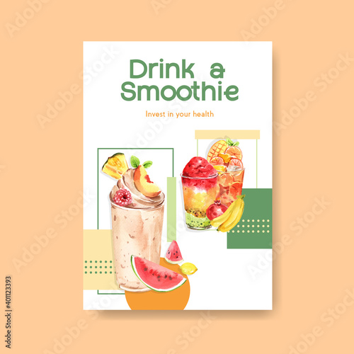 Poster template with fruits smoothies concept design for advertise and commercial watercolor vector illustration